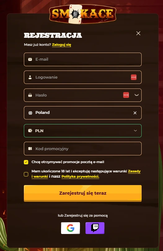 SmokAce Rejestracja 
